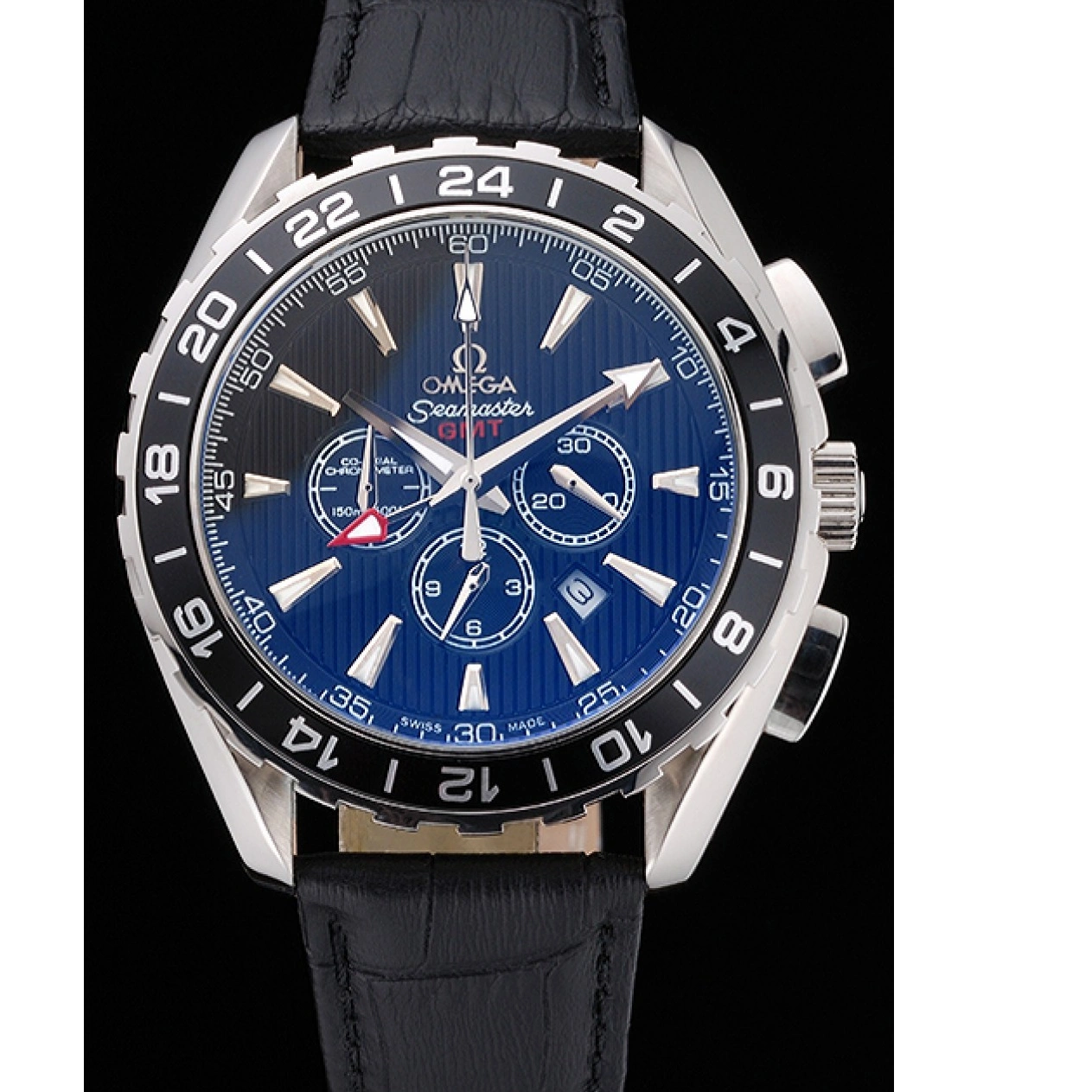 1014 Omega Seamaster Aqua Terra Chrono GMT Black Dial Black Leather Bracelet 622535
